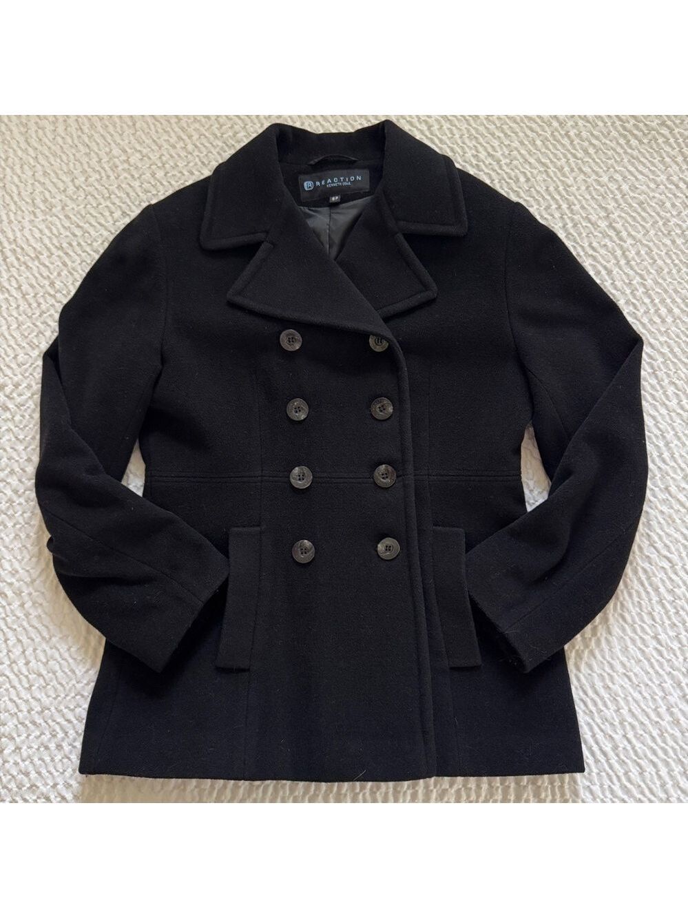 Kenneth Cole Reaction 100% Wool Black Double-Breasted Pea Coat, Size 6P
